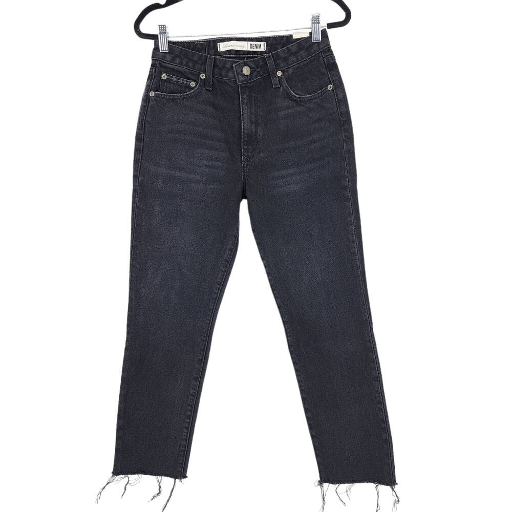 Lovers + Friends Black Wash High Rise Straight Leg Raw Hem Jeans Size 26